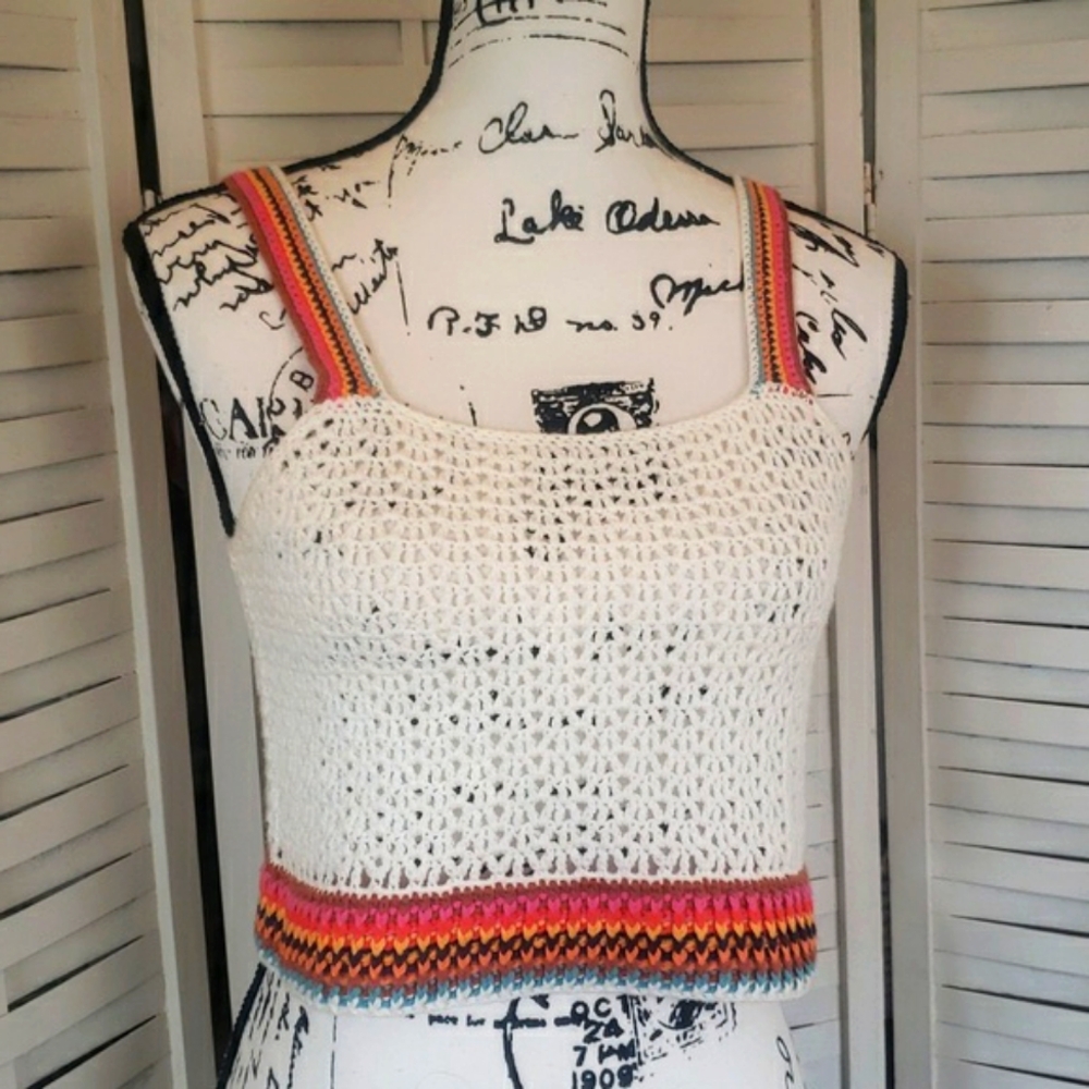 Marine Layer Crochet Knit White Crop Top with Multicolor Straps